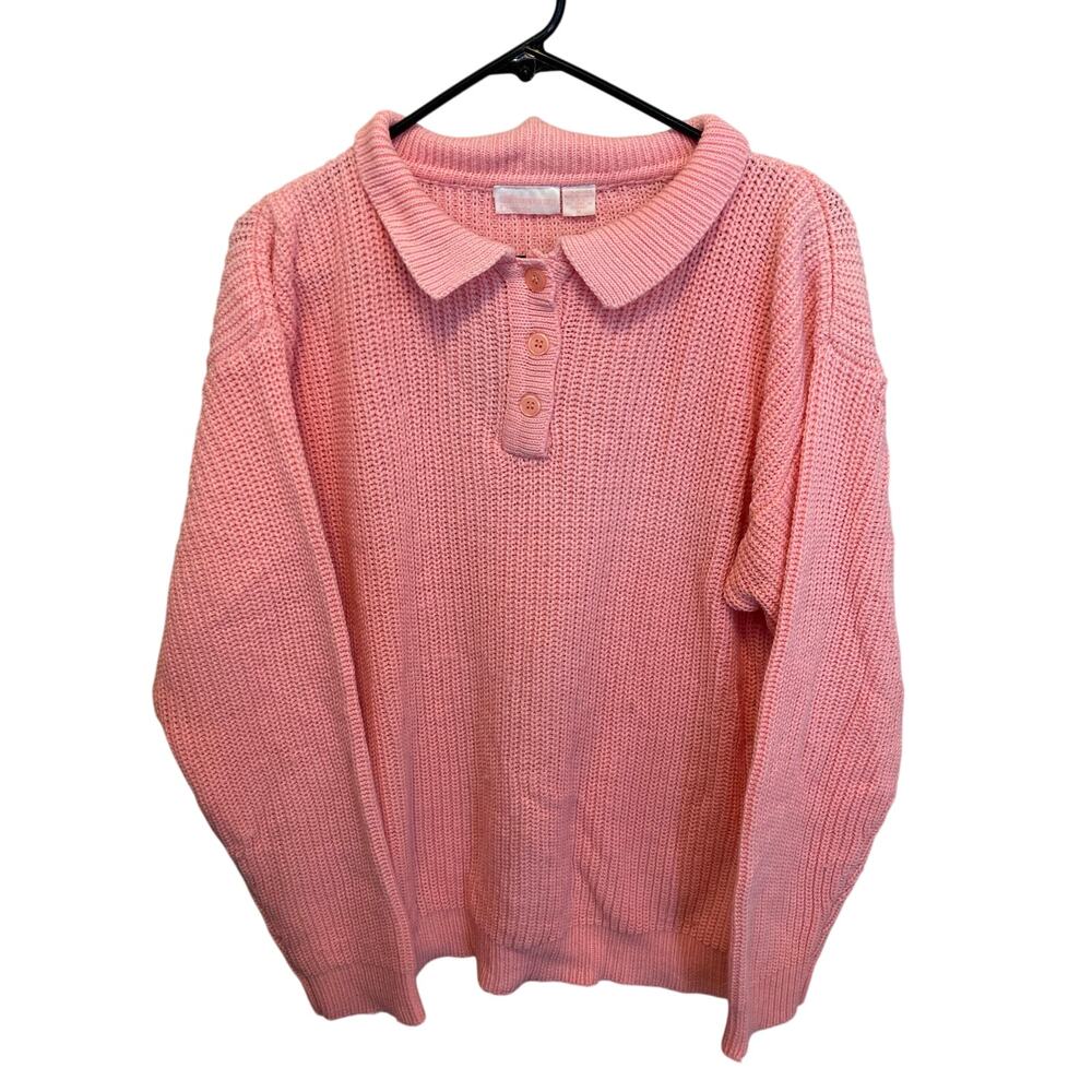 90's Vintage Contemporary Casuals Pink Collared Knit Chunky Sweater Oversized M